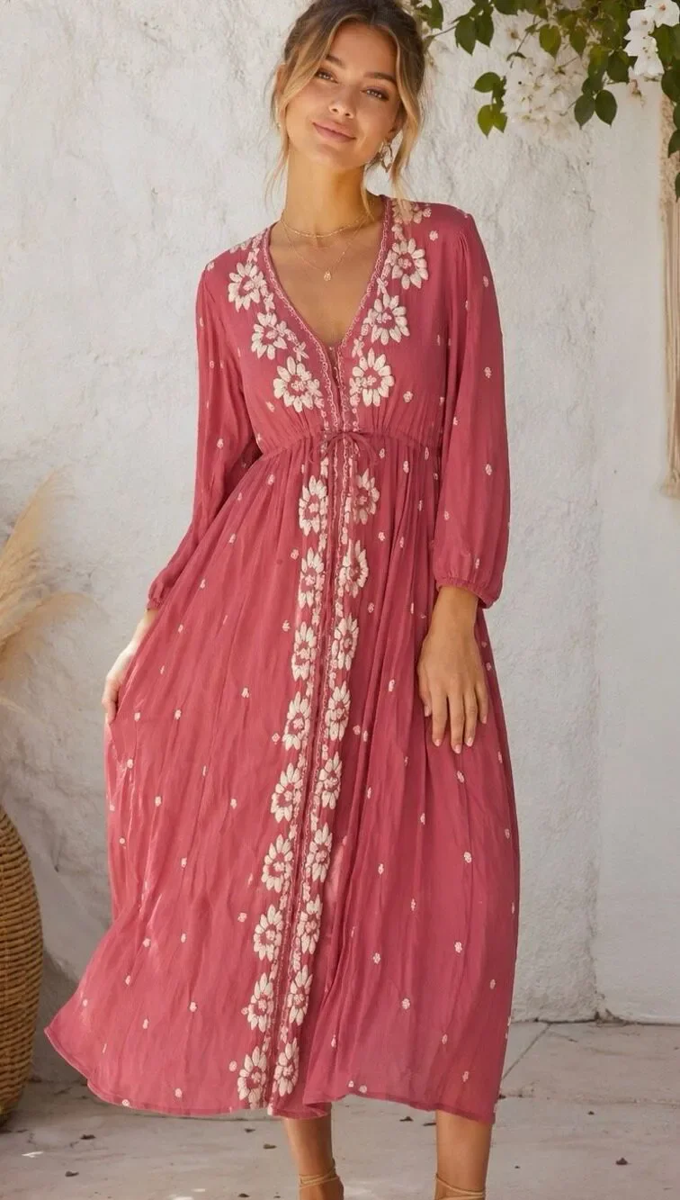 Free People Fable Embroidered Floral Midi Dress Dusty Rose Boho XS Gauze